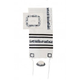 Yair Emanuel Machine Embroidered Tallit Set Jerusalem Black and Gray