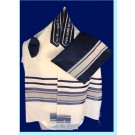 100% Fine White Wool Blue Stripe Tallit