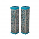 Emanuel Tall Square Candlesticks Metal Cutout Turquoise 