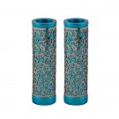 Emanuel Round Candlesticks with Metal Cutout Turquoise