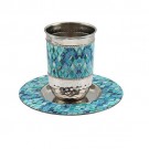 Emanuel Hammered Kiddush Cup with Tray Blue Abstract