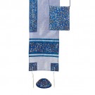 Yair Emanuel Machine Embroidered Tallit Set Flowers Light Blue