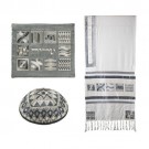 Emanuel Tallit- Full Embroidered Geometric Silver