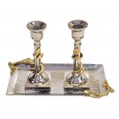 Silver Candlesticks with Gold Leaf Design on Tray